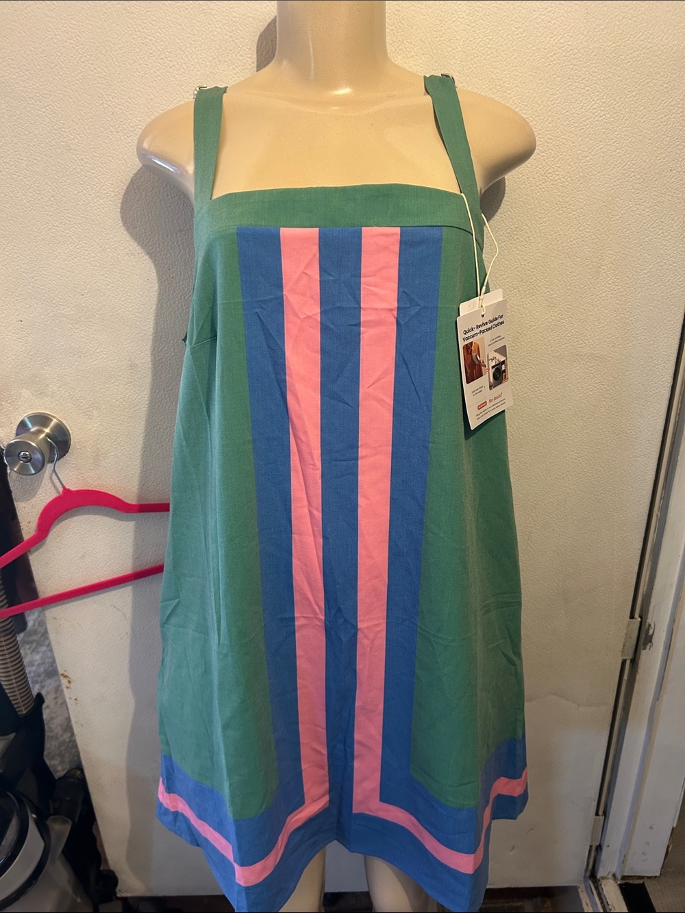 Green Sleeveless Mini Dress with Blue and Pink Stripe Panel